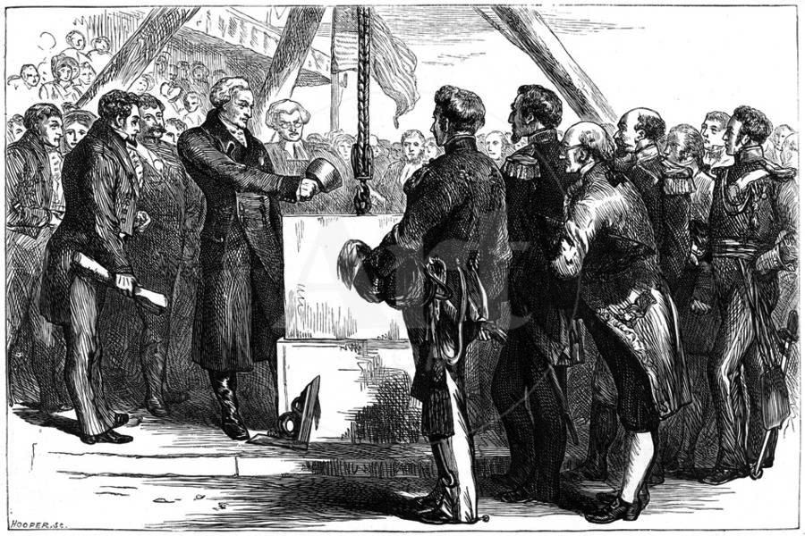 Showing Lafayette being greeted by Americans officer. It is a sketch with up to 100 other people surrounding the officers and an American Flag waving in the background.