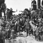 Black and white images of people celebrating the completion of the Transcontinental Railroad
