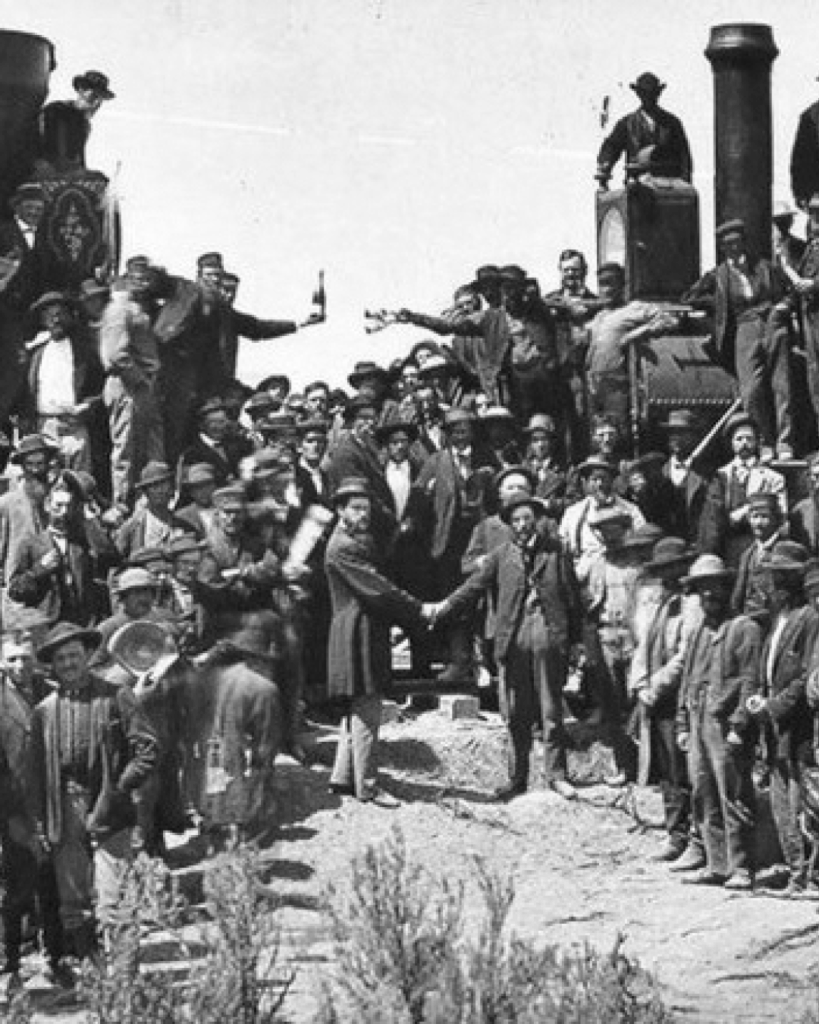 Black and white images of people celebrating the completion of the Transcontinental Railroad