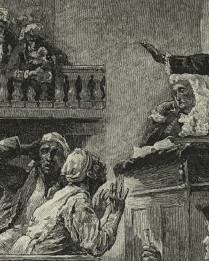 Historic illustrative rendering of indivudlas in court during May 1741: A Travesty of Justice in New York City
