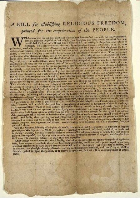 The 240th Anniversary of Thomas Jefferson’s Act for Establishing Religious Freedom